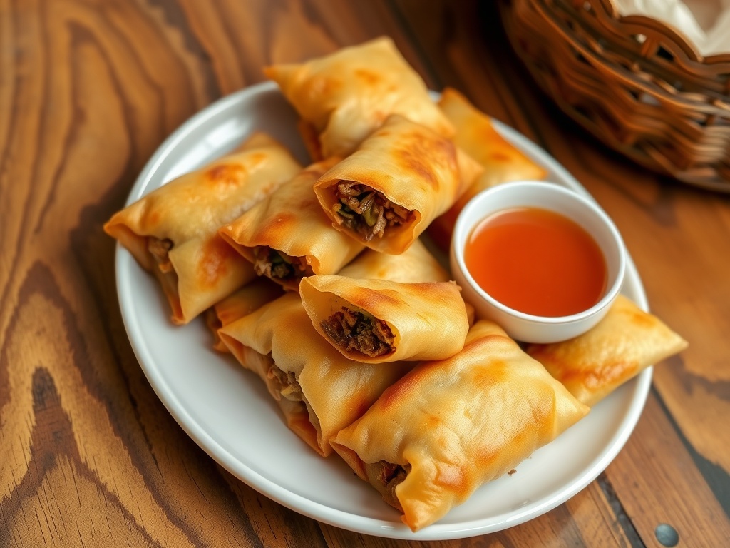 Savory Beef Egg Rolls Recipe Crispy beef egg rolls on a plate with a dipping sauce on the side, ready to be enjoyed.